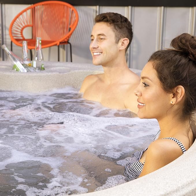 LifeSmart 4-Person Outdoor Hot Tub with Cover, LED Lights & Accessories – Circular Above-Ground Spa in Taupe