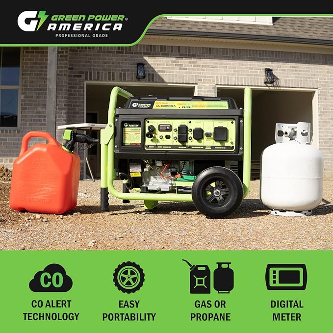 Green-Power America Dual Fuel Portable Generator 10000 Watt,Gas or Propane Powered,Electrical/Recoil Start, Equipped with CO-Seizer CO Protection System