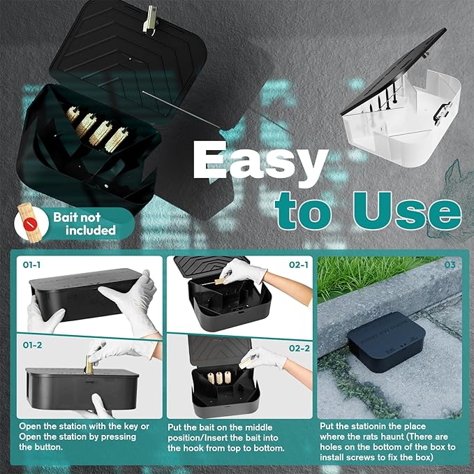 Rat Station Box with 1 Key, Complete Rodent Solution Keeps Rats Away, Pet & Child-Safe, Lock & Key Available, Reusable & Long-Lasting, Indoor & Outdoor, 6 Pack