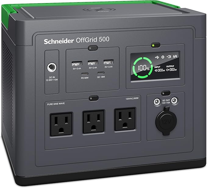 Schneider OffGrid 517Wh Portable Power Station, PPS500 Portable Solar Generator with Wireless Charging Pad, for Camping or Home