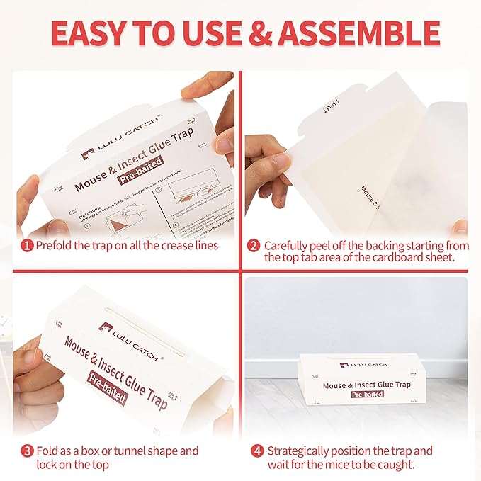 LULUCATCH Mouse Traps, 12 Pack Pre-Baited Sticky Mouse Traps Indoor for Home, Foldable Non-Toxic Bulk Sticky Pads, Glue Traps for Rats, Bugs, Spider, Mice, Cockroach, Pet Safe Pest Control ﻿