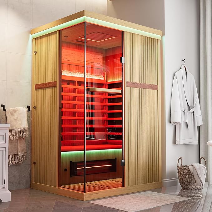 MEISSALIVVE Full Spectrum Sauna for Home, 2 Person Indoor Infrared Sauna Room with 10 Minutes Warm-up Heate, Canadian Hemlock Wood Home Infrared Sauna with Bluetooth and Tempered Glass