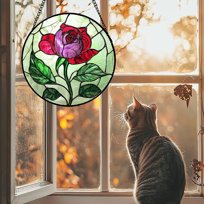 AMDERVEN Stained Glass Window Hanging 4 Pcs Set Red Roses Yellow Sunflowers Large 11.8" - Flower Suncatcher Door Garden Sun Catcher Decor Birthday Mother's Day for Mom Woman Nana Girl