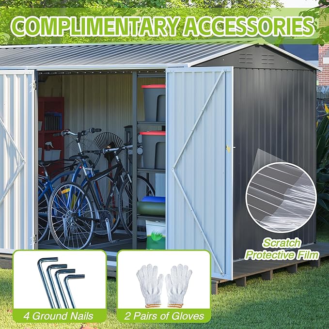 ZMAD Outdoor Storage Shed Metal, Large Garden Tool Sheds Outdoor with Lockable Doors, Waterproof Steel Utility Storage Building (Gray, 8X 12ft /Floor Frame)
