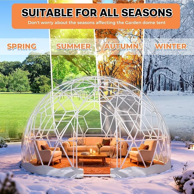 Garden Dome Tent 12*7.2FT, 360° View Geodesic Dome Greenhouse with PVC Clear Cover, Waterproof Garden Bubble Dome Tent House with 2 x 10M Light Strings for Outdoor, White