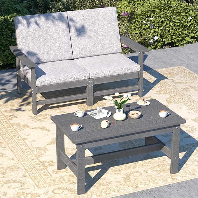 3-Piece HDPE Patio Furniture Set, All-Weather Outdoor Sectional Sofa Set with Coffee Table, Wood-Like Composite Conversation Couch for Deck, Lawn, Balcony - Grey Frame