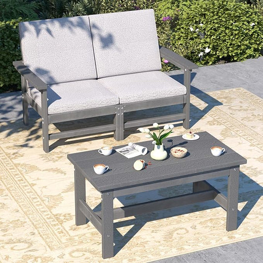 3-Piece HDPE Patio Furniture Set, All-Weather Outdoor Sectional Sofa Set with Coffee Table, Wood-Like Composite Conversation Couch for Deck, Lawn, Balcony - Grey Frame