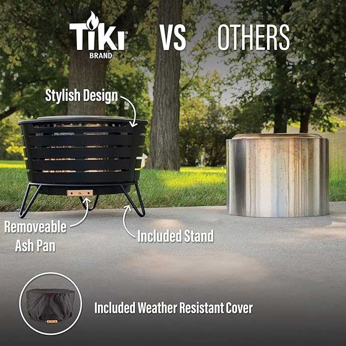 TIKI Patio Fire Pit Bundle – 25-Inch Smokeless Wood Burning Outdoor Fire Pit for Backyard, Patio, Deck & Garden with Removable Ash Pan, Stand & Weather-Resistant Cover – Modern Black Stainless Steel