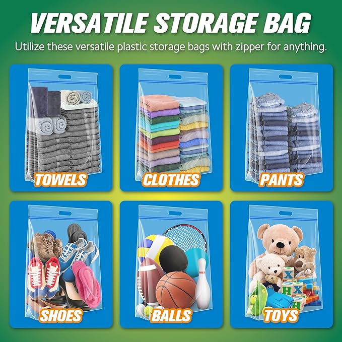 HIBAG 15 Gallon Large Storage Bags, 24” x 24” Resealable Clear Bags with Handle, Extra Large XL Heavy Duty for Clothes Pillow Travel Moving, Pack of 5
