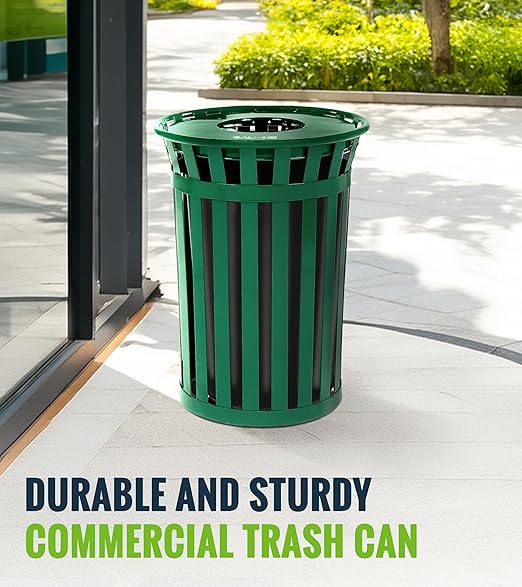 Alpine Commercial Outdoor Trash Can - 38 Gallon Heavy Duty Green Recycle Garbage Can with Liner, Open Top Lid, All Weather Resistant Large Outside Trash Can for Parks, Parking, School