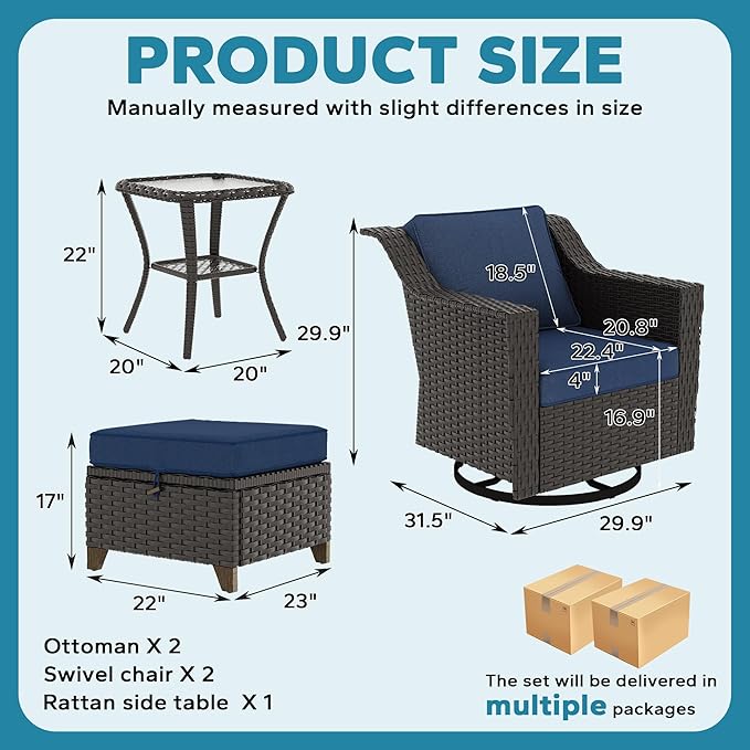5 Pieces Patio Conversation Furniture Set - Swivel Chairs with Ottomans Set of 2, 1 Side Table, Outdoor Wicker Furniture Set with Washable Cushions for Porch, Balcony, Sunroom (Navy Blue)