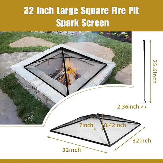 WeCooper 32Inch Heavy Duty Fire Pit Spark Screen Cover, Steel Mesh Square Firepit Screen, Fire Pit Ember Guard with FirePit Poker