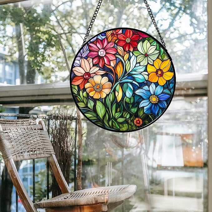 QZQCBLC Stained Glass Window Hanging Colorful Flowers and Green Plants 7.8" - Suncatcher Door Garden Sun Catcher Home Decor Birthday Christmas for Mom Men Woman Nana Friend