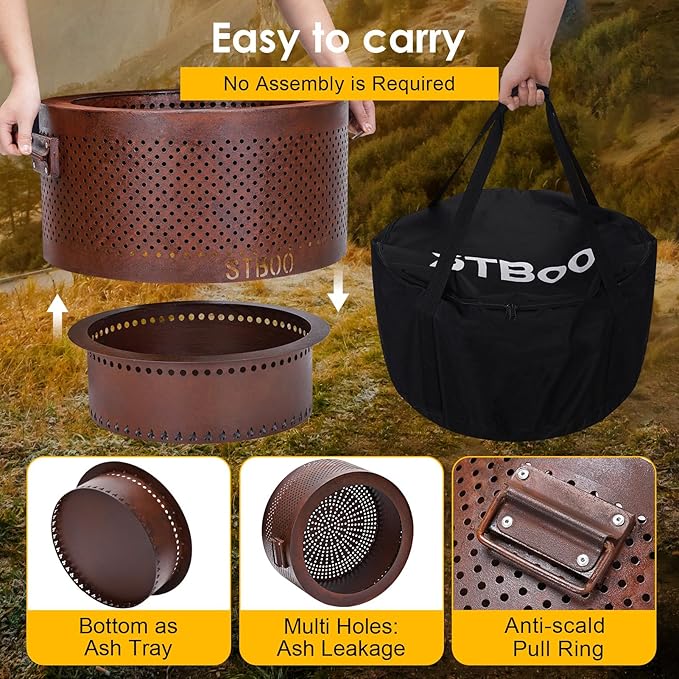STBoo Smokeless Fire Pit - 20Inch Large Firepits for Outside with Portable Carrying Storage Bag - Low Smoke Outdoor Fireplace for Camping, Picnic, Bonfire Backyard, BBQ on Beach, Rust, L