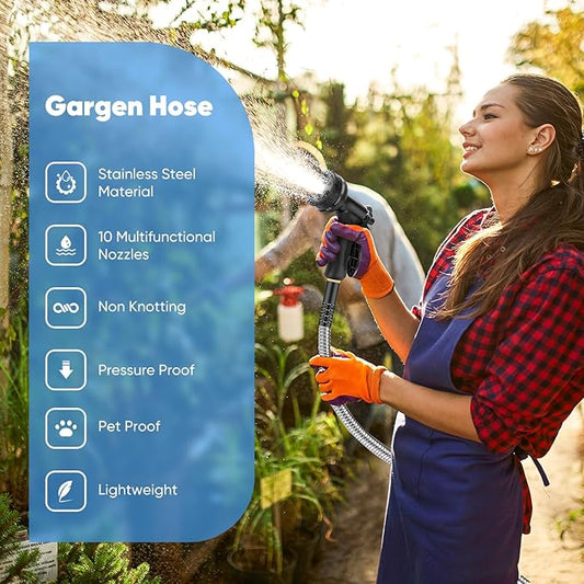Garden Hose 100 FT, Metal Stainless Steel Water Hose with 10 Function Nozzles, No Kinks, Flexible Hose, Lightweight, Puncture Proof, Heavy Duty Hose for Yard and Outdoor