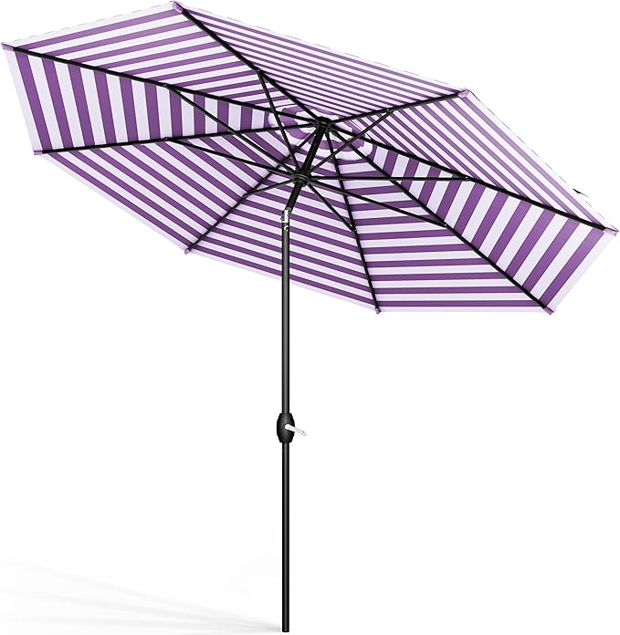 MIDTOWN UMBRELLAS The Lean 9 Feet Outdoor Umbrella With Terylast Midtown Stripes (Purple/White Stripes) Polyester Fabric - Auto-Tilt Aluminum Frame Patio Umbrella For Deck, Garden, Pool - Black Pole