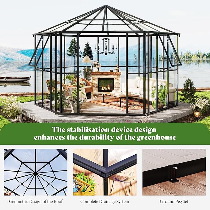 AMERLIFE 12×10×8 ft Hexagonal Outdoor Greenhouse, Aluminum Frame with Quick‑Connectors, 2 Swing Doors, 2 Vents – Walk‑in Garden Structure