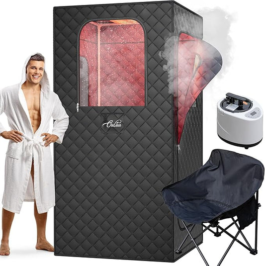 Portable Sauna for Home, Red Light Sauna Box with 2.6L Steamer, Personal Sauna with Big Sauna Chair, Remote Control, Oxford Fabric, 2.6’ x 2.6’ x 5.9’, Black, 1000W