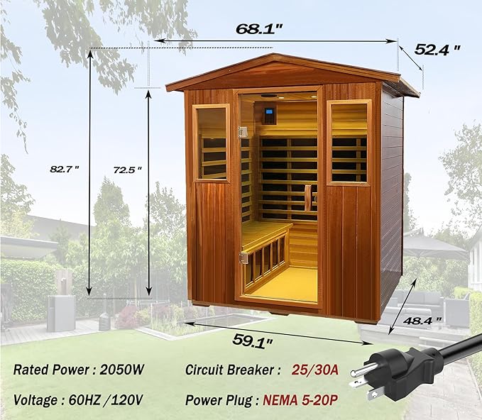 LTCCDSS Mahogany Outdoor Sauna 4 Person, Low EMF Far Infrared Sauna for Home, Withstand Outdoor Temp -10℉-149℉| 12 Low EMF Boards-Chromotherapy-Bluetooth Speakers (68.1 * 52.4 * 82.7 inch)