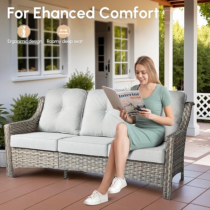 5 Pieces Patio Outdoor Furniture Set with Swivel Rocking Chairs,All Weather Wicker Rattan Patio Seating Sofa and Chair Set w/Glowing Table,Outdoor Conversation Sets for Deck Yard Garden,Grey