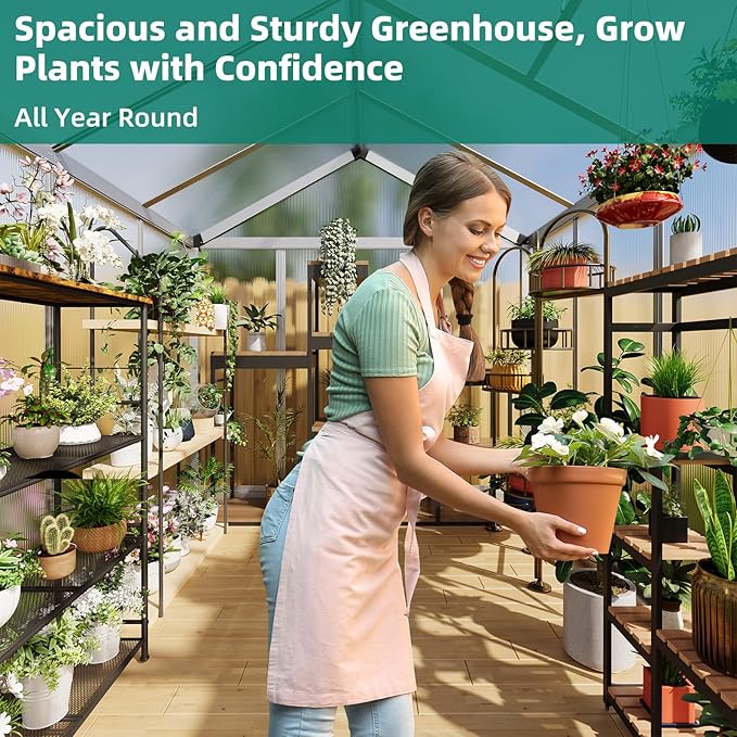 6x8 FT Greenhouse - Large Aluminum Greenhouses for Outdoors, Heavy Duty Polycarbonate Greenhouse with Roof Vent&Ground Nails, Walk-in Green Houses for Garden, Backyard, Patio, Easy Assembly