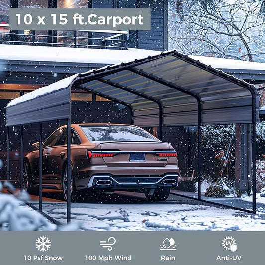 GREEN PARTY 10 x 15 ft Metal Carport Kits with Galvanized Steel Roof, Heavy Duty Metal Carport Canopy, Outdoor Car Tent Metal Garage Shelter for Car, SUV, Truck and Boats, Grey