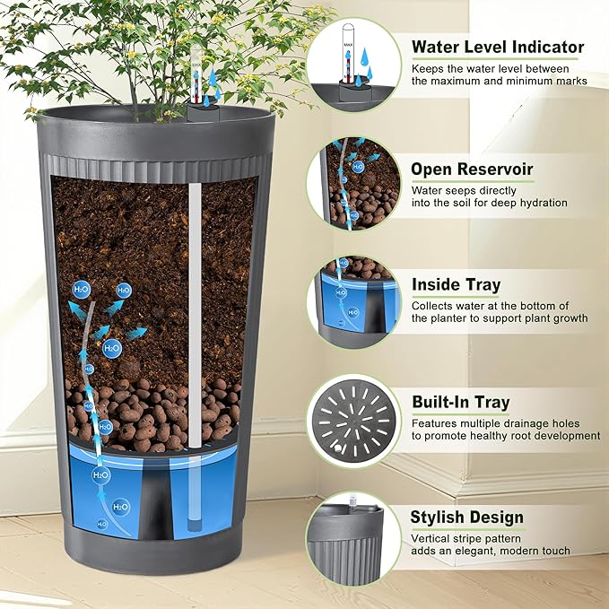 24" Tall Self Watering Planters for Indoor Plants, 2 Pack Large Plastic Outdoor Planter Pots with Built-In Water Reservoir and Level Indicator, Decorative Modern Flower Pots for Home & Patio (Grey)