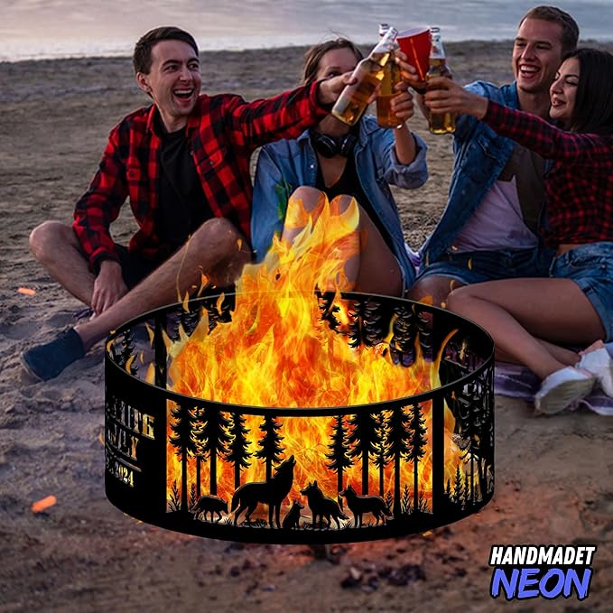 Personalized Fire Pit Ring 360 Degree, Outdoor Fireplace, Custom Text Fire Pits for Outside, Patio Firepit, Camping Bonfire Firepits, Garden BBQ Backyard Decor (Wolf)