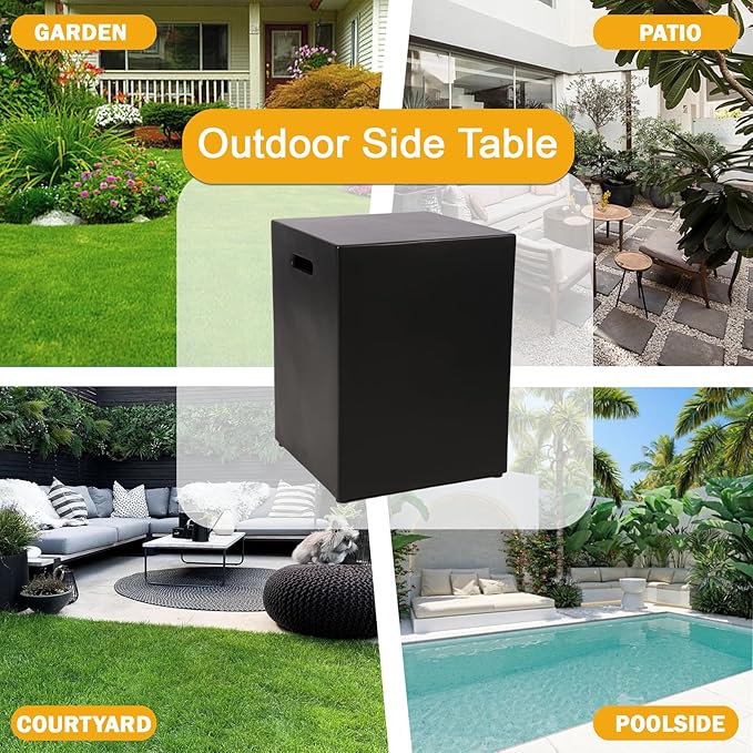 Outdoor Propane Tank Cover Table with Seat, Black Tank Storage Box with Handles for Propane Gas Fire Pit, 16 Inch Modern Hideaway Concrete Square Indoor or Outdoor Side Table for Outside Patio