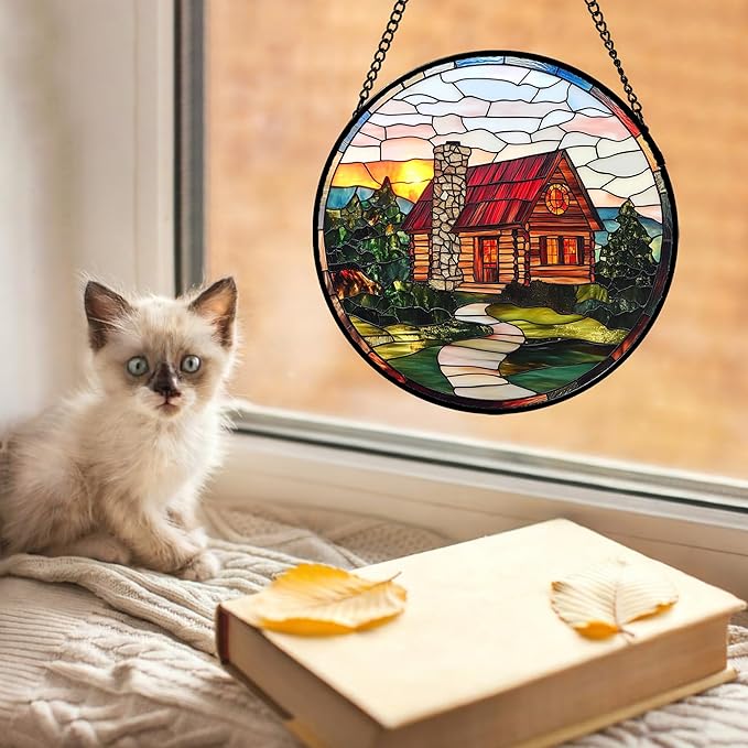 QZQCBLC Stained Glass Window Hanging Red Wooden House Pastoral Scenery 7.8" - Suncatcher Door Garden Sun Catcher Home Decor Birthday Christmas for Mom Men Woman Nana Friend
