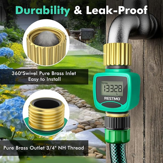 [2 Pack] RESTMO Water Flow Meter, Pure Brass Inlet & Outlet | 4 Measure Modes | Display Gallon/Liter Usage and Flow Rate | Ideal to Outdoor Garden Hose, Lawn Sprinkler Watering, RV Water Tank Filling
