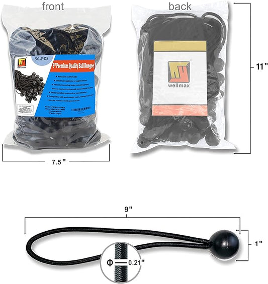 9 inch 50 Piece Heavy Duty 5mm Ball Bungee Canopy Cord By Wellmax, Black Color