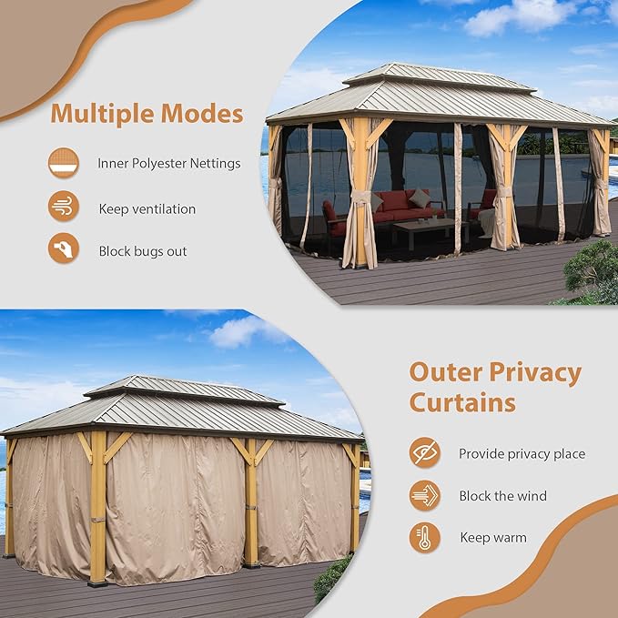 Domi Hardtop Gazebo 12’x20’ Cedar Frame Wood Gazebo with Galvanized Steel Double Roof, Outdoor Permanent Metal Gazebos with Curtains and Netting for Patio,Deck,Backyard
