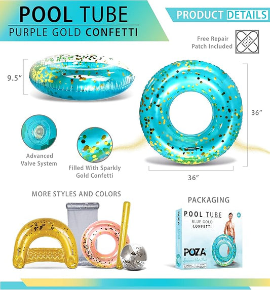 POZA Inflatable Pool Float Tube – Sparkly Confetti Swim Ring, Heavy Duty UV Resistant Inflatable Tube Pool Float for Kids & Adults – Multiple Colors & Sizes – Beach, Lake & Pool Party Float