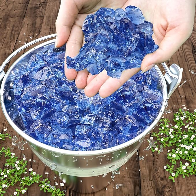 GRISUN Pacific Ocean Blue Fire Glass for Fire Pit, 10 Pounds 1/2 Inch Tempered Glass Rocks for Natural or Propane Fireplace, Safe for Outdoors and Indoors Firepit Glass