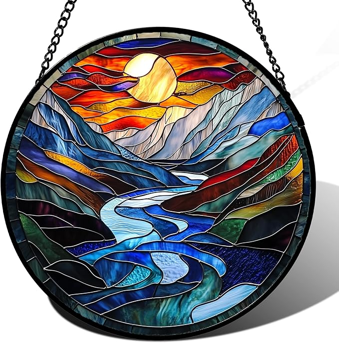 AMDERVEN Stained Glass Window Hanging, Canyon Mountains Sunset View Sun Catcher for Window Home Decor Landscape Suncatcher Mother's Day Birthday Gifts for Women Men Mom and Nana 15 in