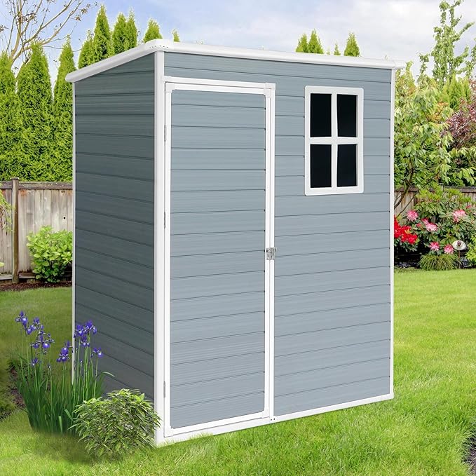 5ft x 3ft Resin Outdoor Storage Shed Plastic Garden Sheds with Floor and Lockable Door for Backyard, Lawn, Grey