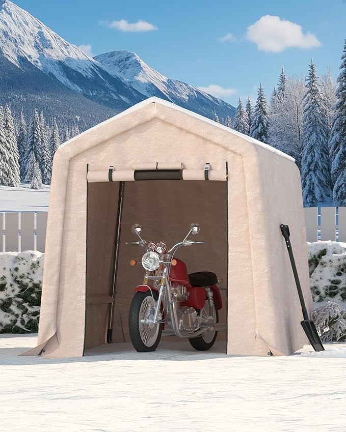 6X8 FT Heavy-Duty Portable Outdoor Storage Shed with Roll-Up Zipper Door & Vent, 240g Waterproof Carport Storage Shelter, UV-Resistant Canopy for Motorcycle, Firewood, Tools -Gray ﻿