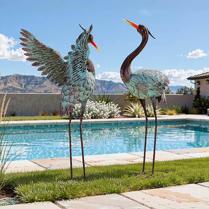 Ultym Extra-Large Metal Blue Heron Garden Statue, Handcrafted 36.8" Crane Decor Sculptures with Stable U-Ground Stakes, Backyard Decoration, Metal Garden Bird Animal Yard Art, Lawn Ornament Decor