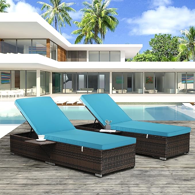 Outdoor Chaise Lounge Cushion Set of 2, Fadesafe Water-Repellent Lounge Deck Reclining Chair Cushions for Patio Furniture Lawn Pool Resort Hotel, 72x21x3 Inch, Teal