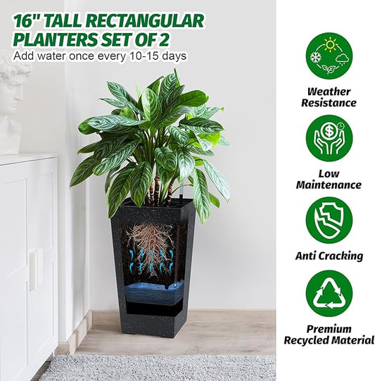 Garvee 16" Tall Planters Set of 4, Outdoor＆Indoor Black Planter Pots, High Front Porch Planter Pots with Drainage Holes＆Water Level Monitor＆Inner Bucket,Black