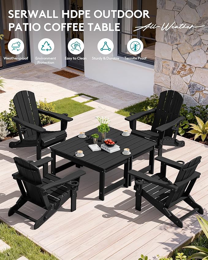 SERWALL Outdoor Coffee Table with 1.69" Umbrella Hole, HDPE Patio Coffee Table for Outside, Rectangle, Black