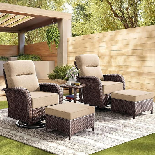 5-Piece Patio Furniture Set with 6-Inch Thick Cushions, High Back Outdoor Swivel Rocker Chairs and Table, All-Weather Conversation Set for Porch, Deck, Balcony, Yard in Beige