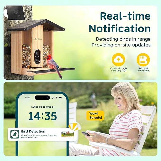 BBPECO Bird Feeder with Camera Solar Powered, Smart Bird Feeder with AI Identify for 10000 Plus Species, Auto Capture & Real-time Notifications, Ideal Gift for Birdwatching, Bamboo
