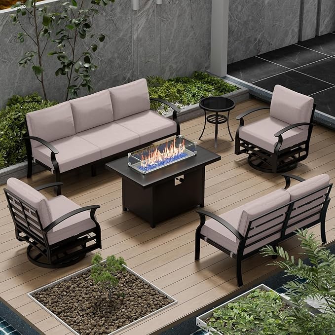 Aluminum Outdoor Furniture Set with Fire Pit Table, 7-Seat Patio Conversation Set Including Swivel Rocker Chairs & Sectional Sofas, All-Weather Metal Frame for Deck, Porch, Backyard,Sand