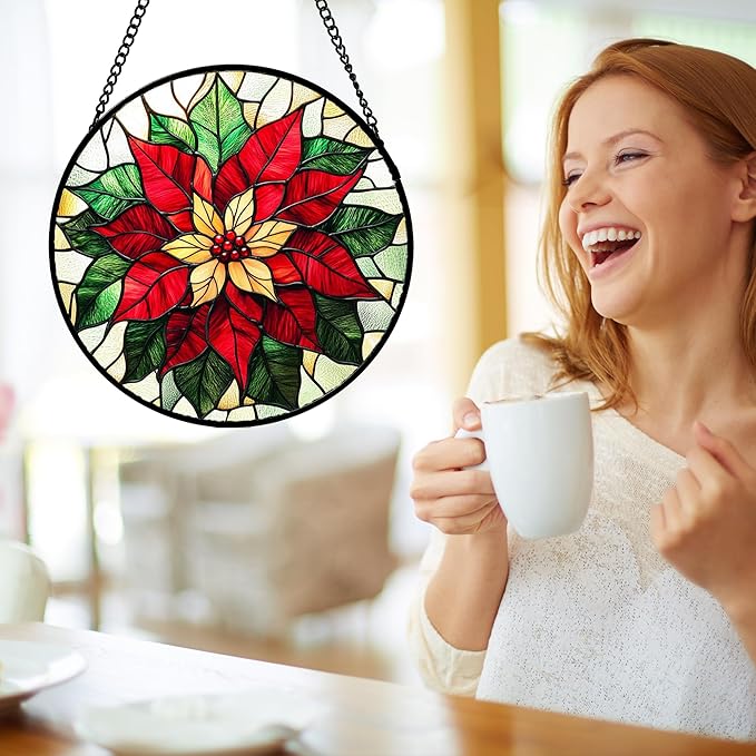 AMDERVEN Stained Glass Window Hanging - Red Poinsettia Birth Flower Sun Catcher for Door Garden Home Decor Suncatcher Christmas Mother's Day Birthday Gifts for Women Men Mom Girl Nana Friend 15 in