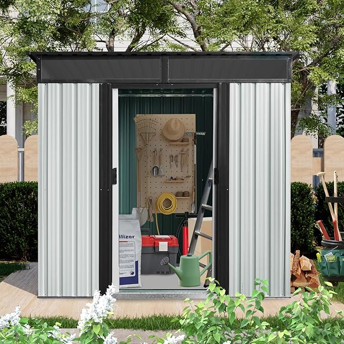 6X5 FT Outdoor Storage Shed, Waterproof Metal Garden Sheds with Lockable Door, Steel Tool Storage Buildings Shed & Outdoor Storage House for Garden, Backyard, Patio, Lawn, Trash Cans(White + Black)