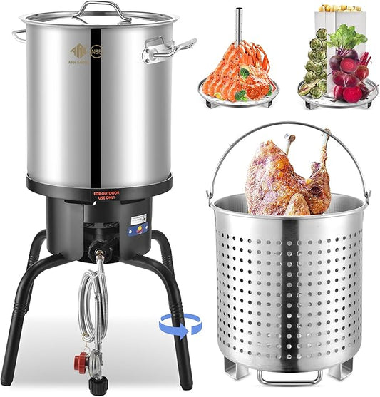 ARC 40QT Turkey Fryer Pot With Basket Kit, Stainless Steel Tamale Steamer Pot And Cast Iron Propane Burner 65,000BTU With Adjustable Legs, Crawfish Boil Seafood Boil Pot Propane Stove For Outdoor