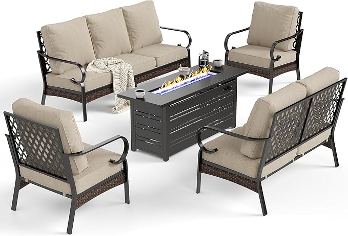 5 Piece Black Metal Outdoor Patio Furniture Sets with Firepit Table, Patio Conversation Sets 1 3-seater Sofa, 1 2-seater Sofa, 2 Single Sofa with 5.75" Cushion for Backyard Deck, Beige