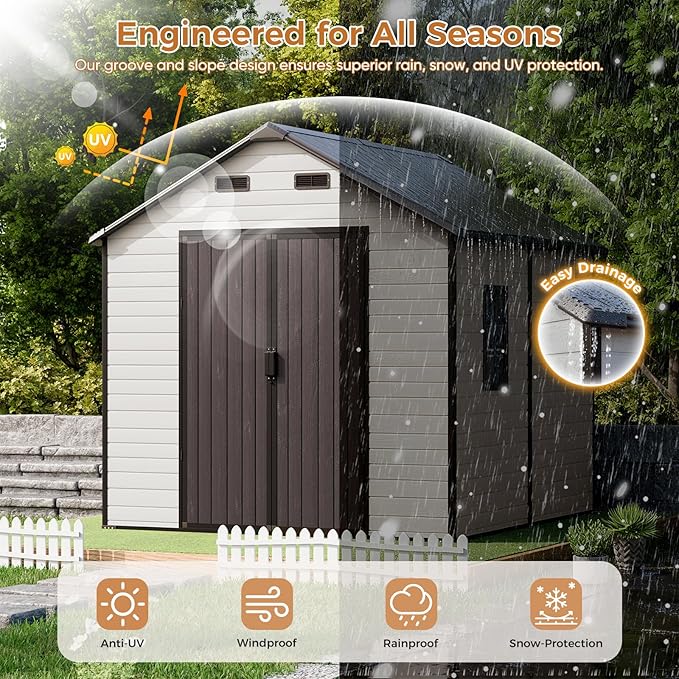 CDCASA Outdoor Storage Shed 8x8 FT, Waterproof Resin Garden Sheds Plastic Patio Outdoor Outside Storage with Floor, Adjustable Openable Windows, Lockable Door for Tool, Bike, Garbage Can